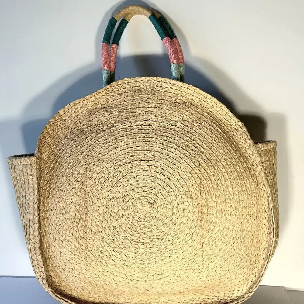Round Rattan Woven Large Tote Bag Bright Trim resort beach summer vacation